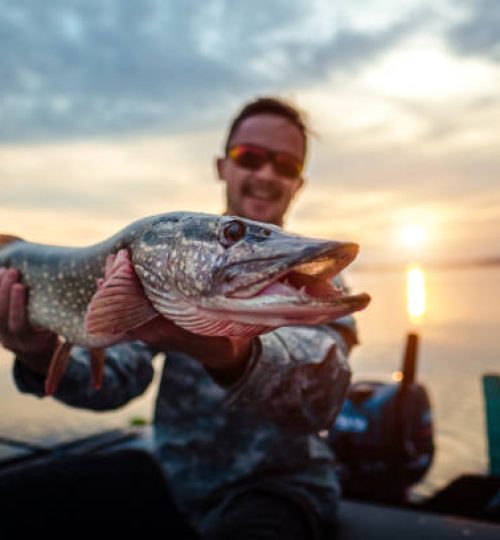 Happy angler holds pike fish sitting in a boat with river on the background